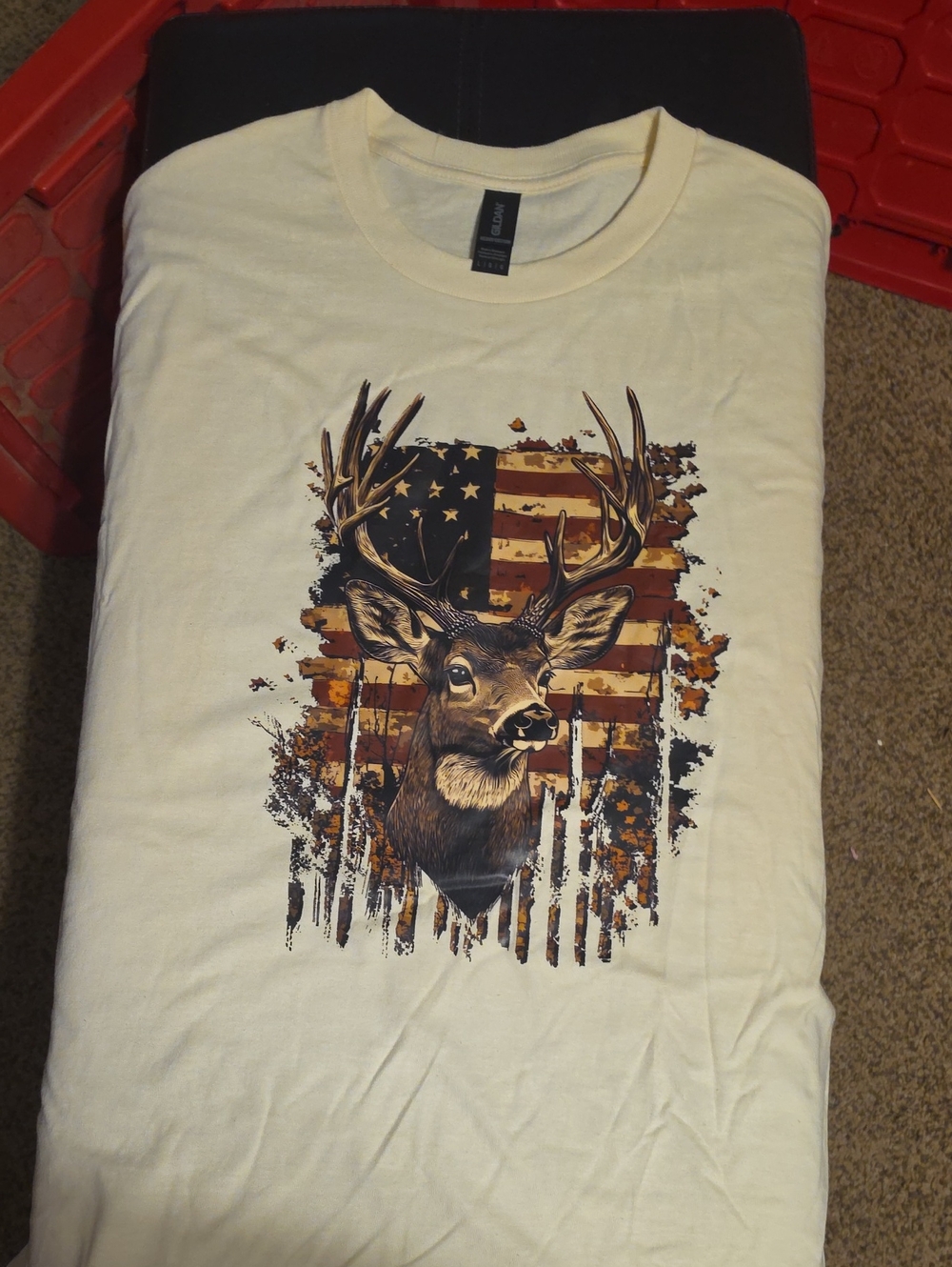 Gildan Cream Short-Sleeve Tee with Deer and American Flag Graphic